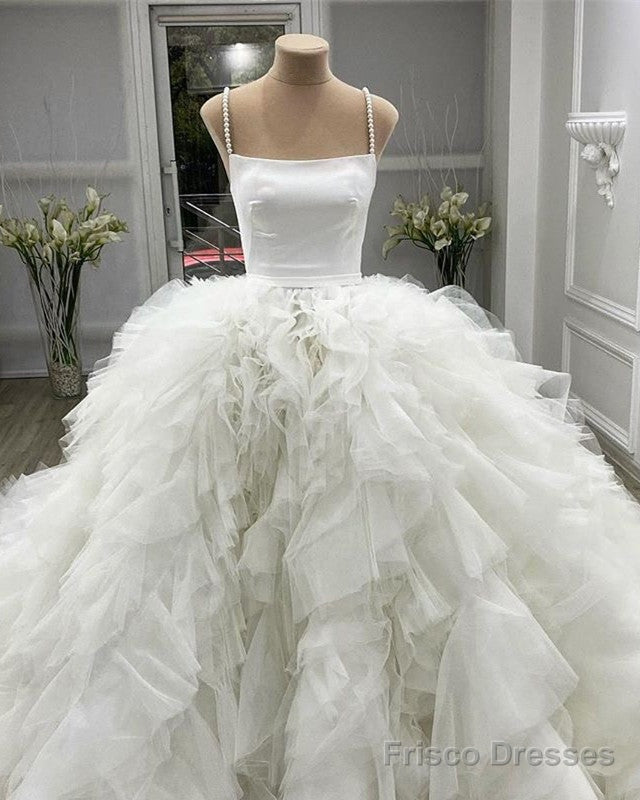 Ball Gown Wedding Dress Organza Rufffles Pearl Straps