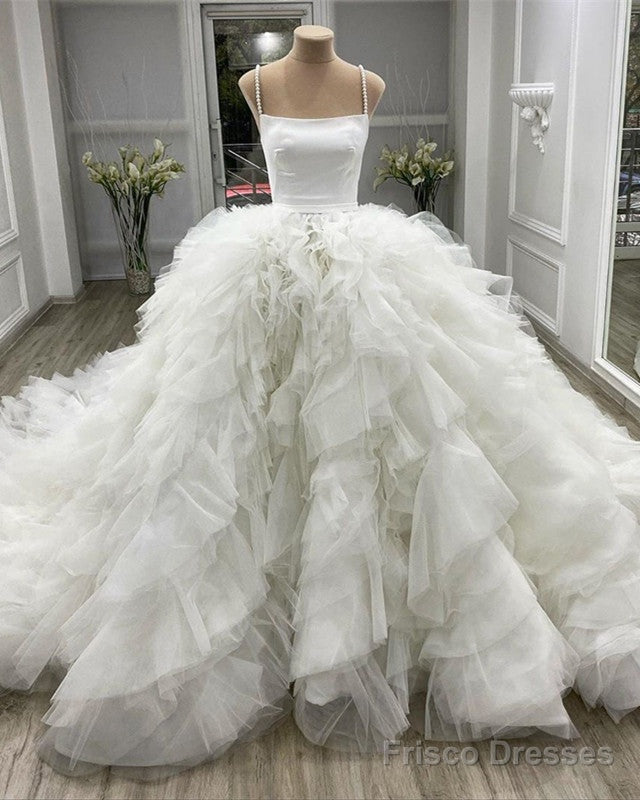Ball Gown Wedding Dress Organza Rufffles Pearl Straps