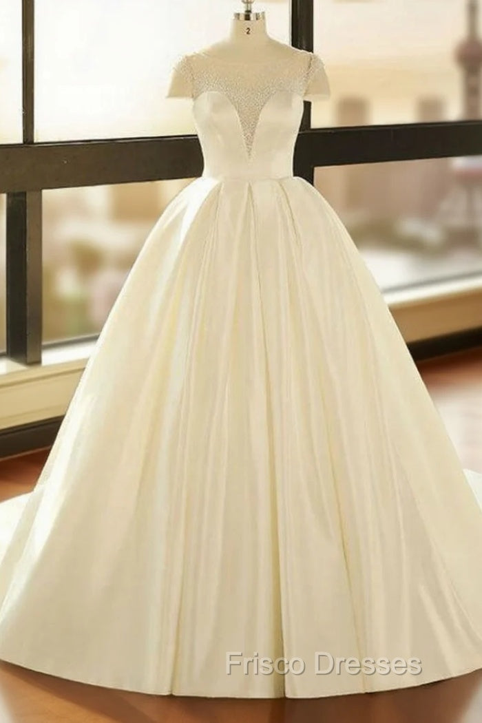 Ball Gown White Satin See Through Cap Sleeve Wedding Dress