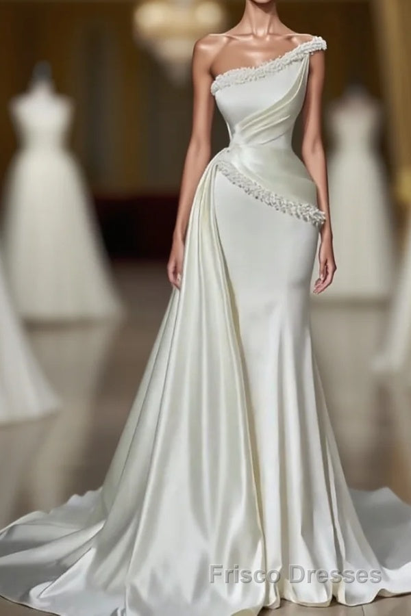 Chic Sleeveless Wedding Gowns With Beads Long White One Shoulder Main image