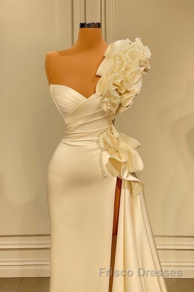 Sparkly Ruffles Split Wedding Dresses With Glitter Long White One Shoulder Secondary image