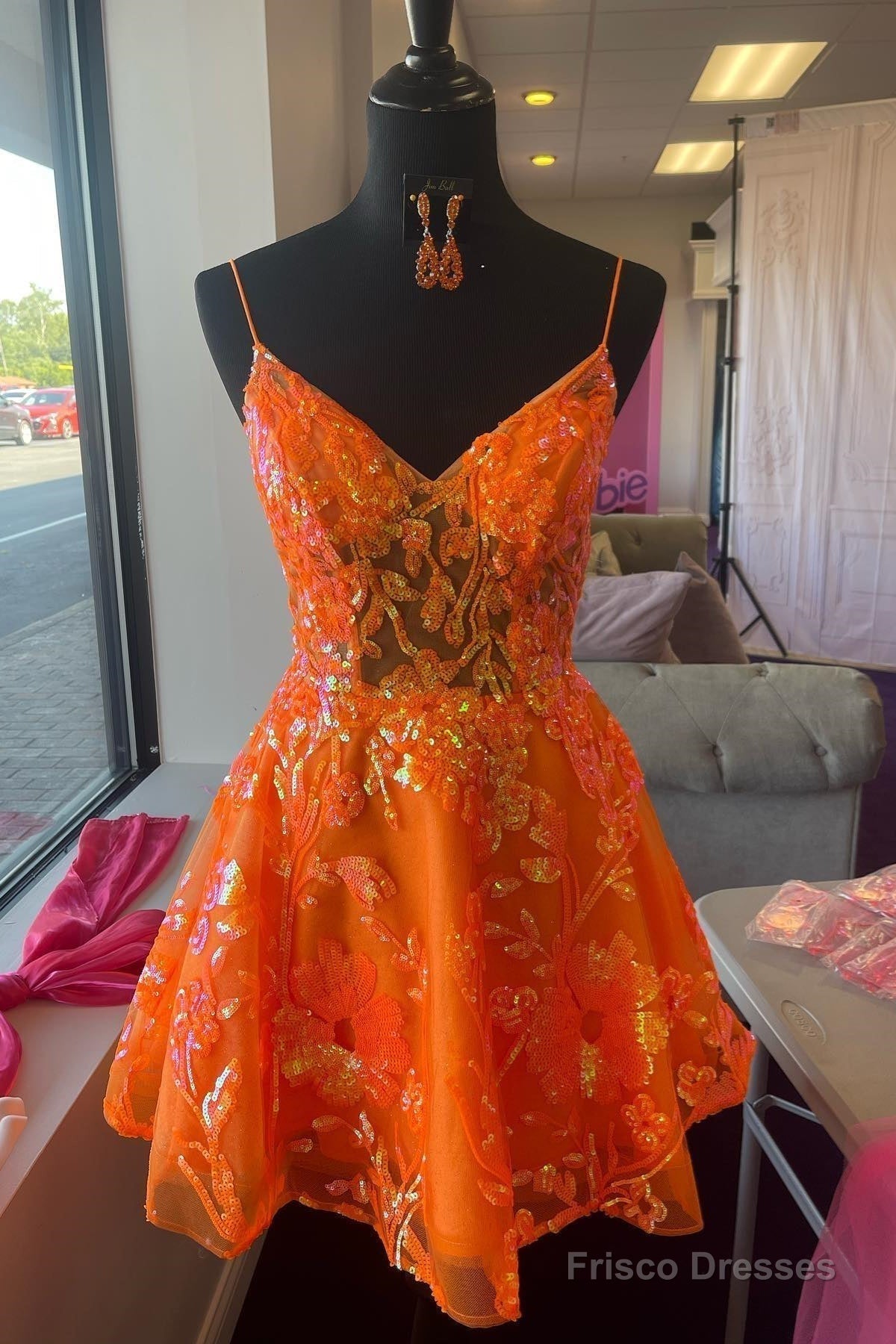 Orange A-line V Neck Straps Sequins-Embroidered Homecoming Dress Main image