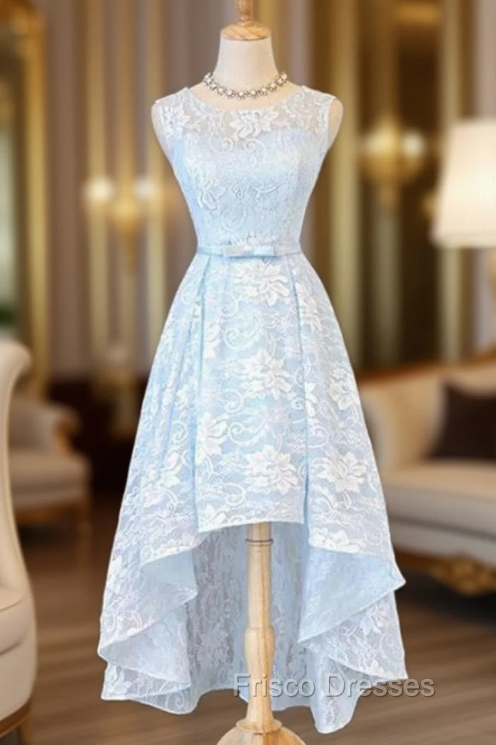 Bateau Sleeveless Asymmetrical A-line/Princess Lace Formal Prom Dress With Waistband Bowknot Main image