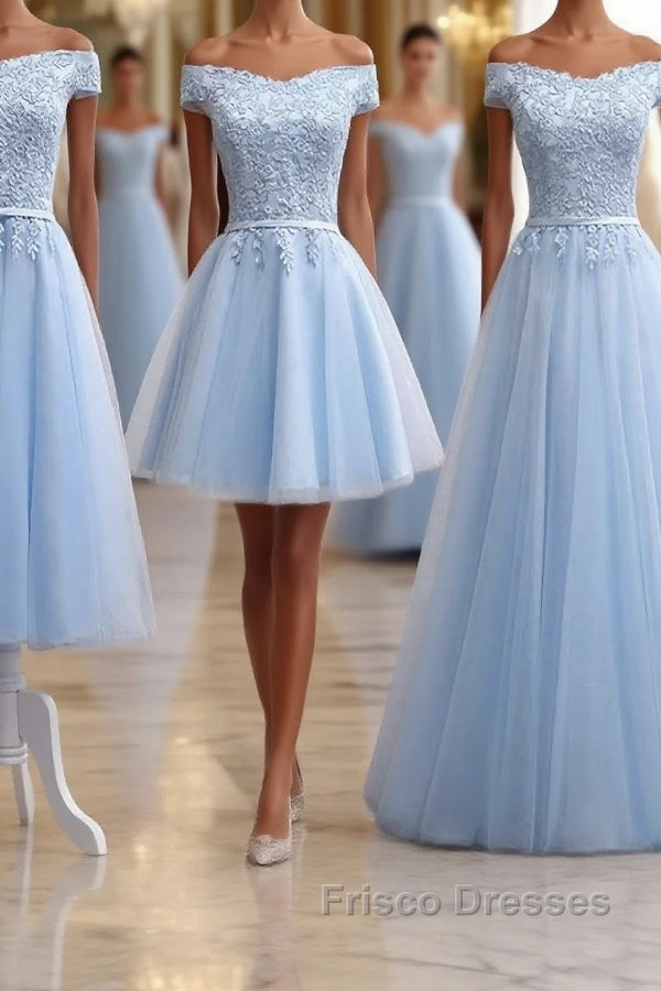 Sky Blue A Line Lace Off Shoulder Formal Prom Dress, Lace Evening Dress