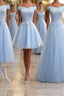 Sky Blue A Line Lace Off Shoulder Formal Prom Dress, Lace Evening Dress