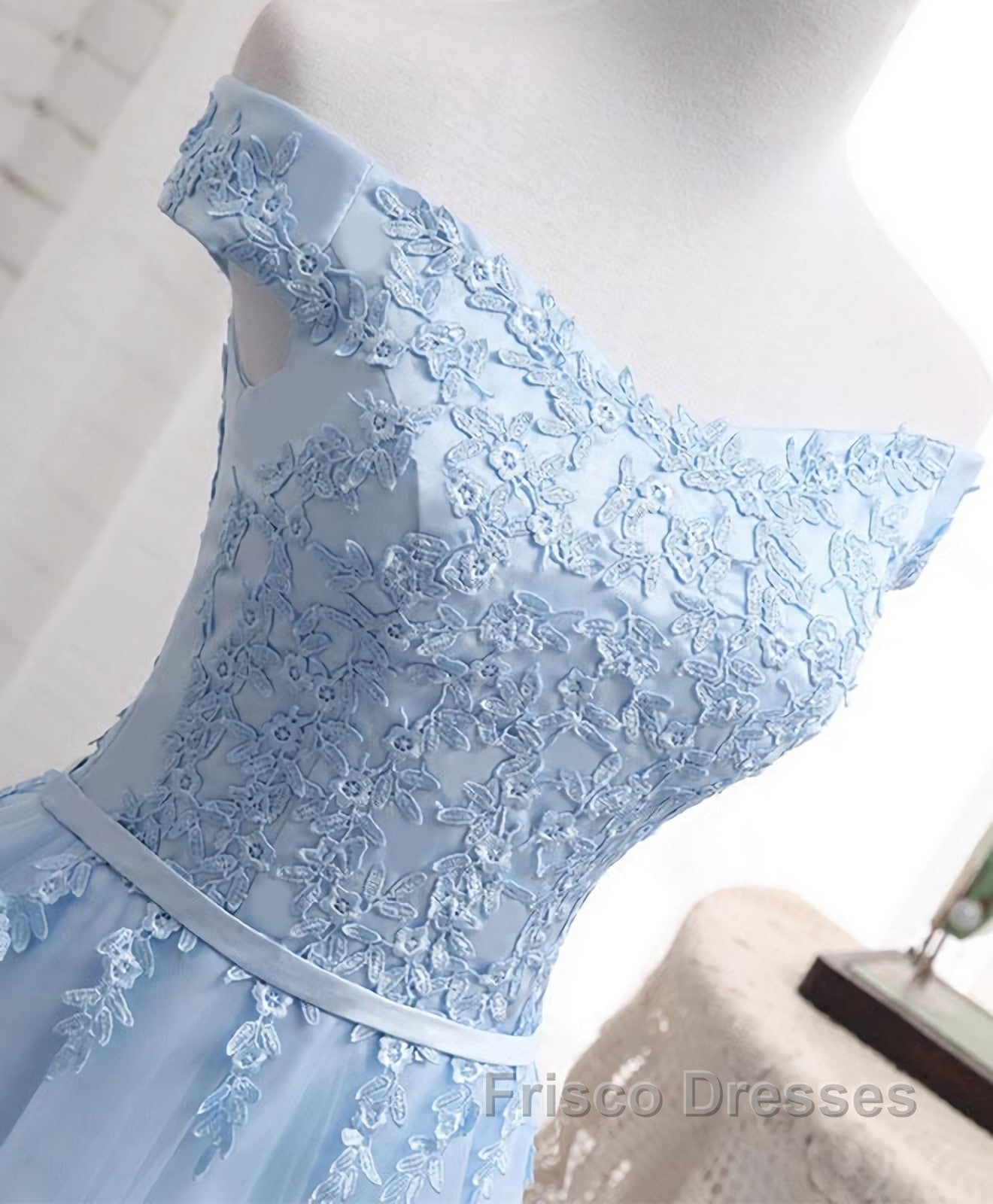Sky Blue A Line Lace Off Shoulder Formal Prom Dress, Lace Evening Dress
