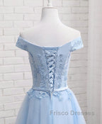 Sky Blue A Line Lace Off Shoulder Formal Prom Dress, Lace Evening Dress