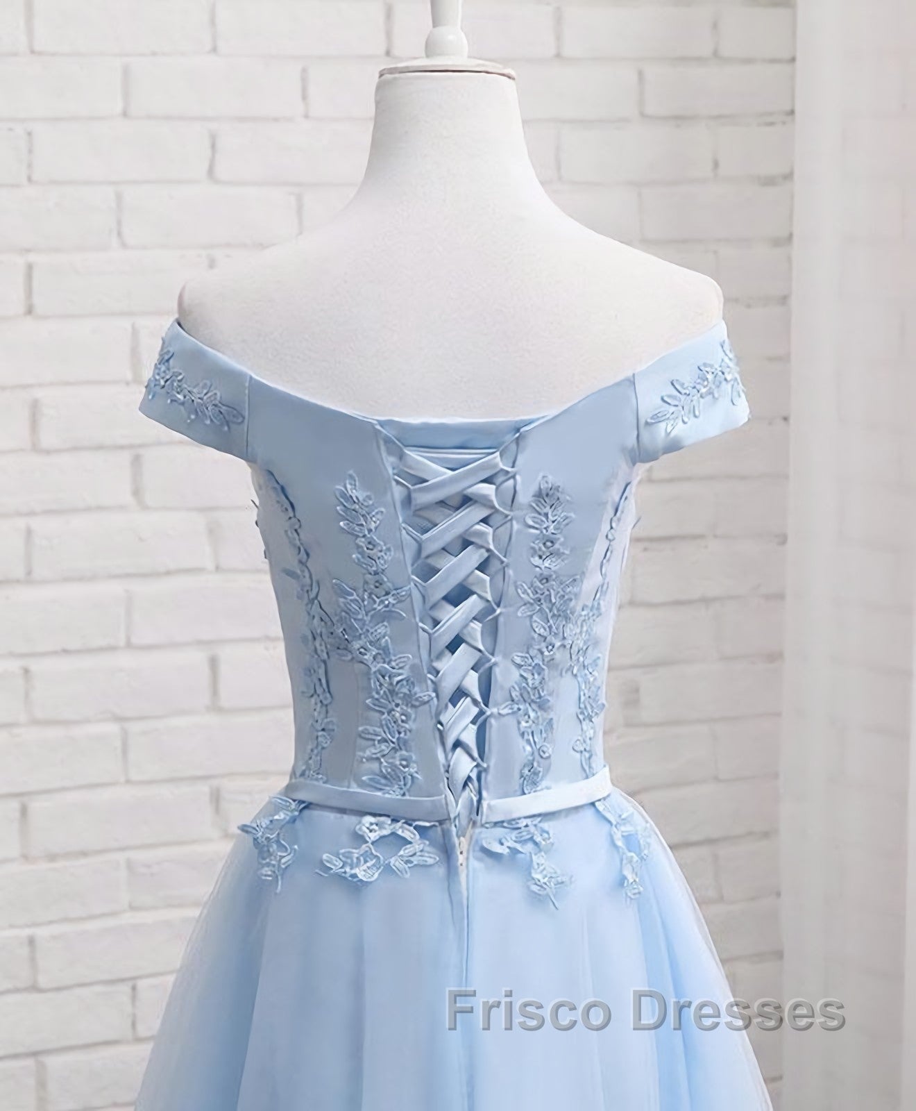 Sky Blue A Line Lace Off Shoulder Formal Prom Dress, Lace Evening Dress