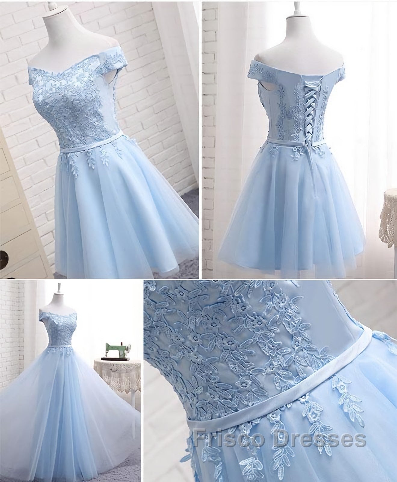 Sky Blue A Line Lace Off Shoulder Formal Prom Dress, Lace Evening Dress