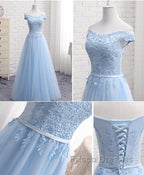Sky Blue A Line Lace Off Shoulder Formal Prom Dress, Lace Evening Dress