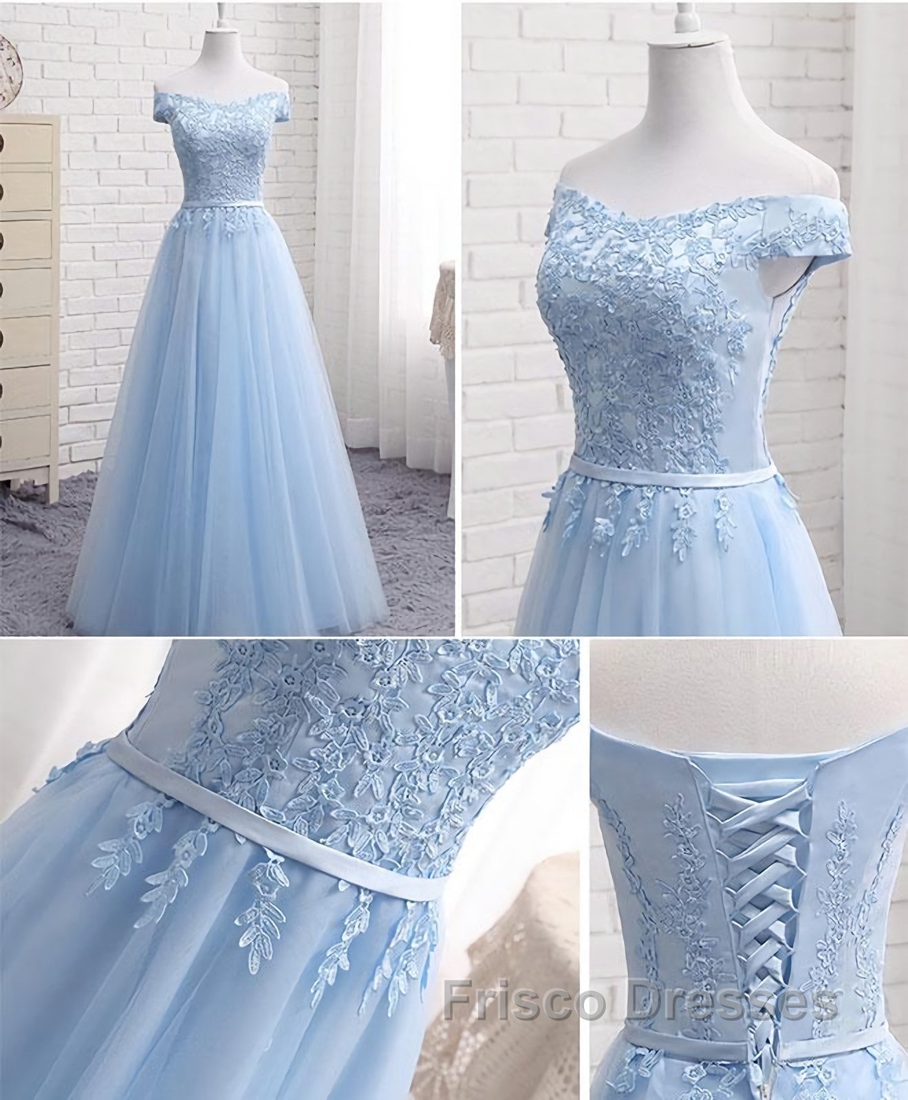 Sky Blue A Line Lace Off Shoulder Formal Prom Dress, Lace Evening Dress