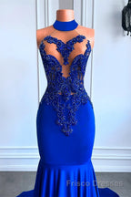 Royal Blue High Neck Sleeveless Mermaid Formal Prom Dresses with Beadings