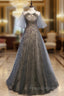 Be Crowned Formal Prom Queen In Short Sleeves Halter Gray Tulle Sparkle Sequin Backless Formal Prom Dress