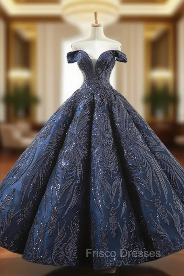 Be The Formal Prom Queen In Navy Blue Sequins Ball Gown Off The Shoulder Formal Prom Dress