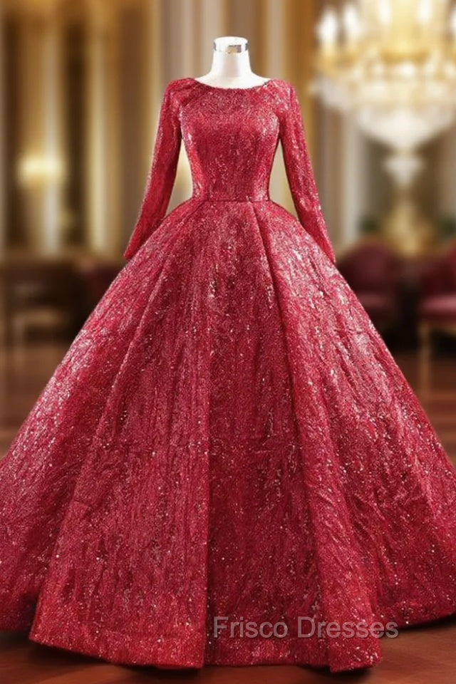 Be The Formal Prom Queen In Red Ball Gown Sequins Long Sleeve Formal Prom Dress Main image