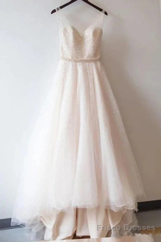 Beach Sequined Shining V Neck Prom Gowns Beaded Wedding Dress