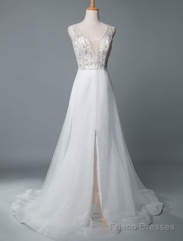 Beach Wedding Dress A Line Sleeveless V Neck High Split Floor Length Backless Sexy Bridal Gown Main image