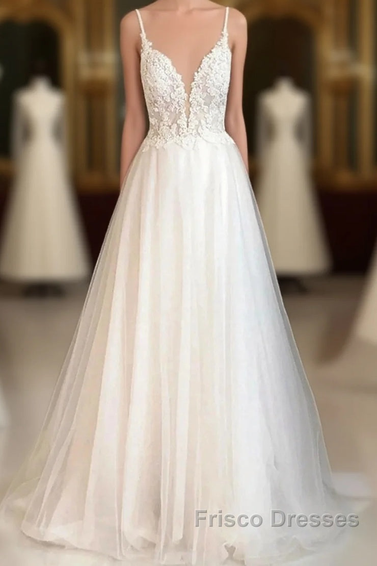 Beach Wedding Dress Court Train A-Line Spaghetti Strap Sweetheart Lace With Buttons Appliques Main image