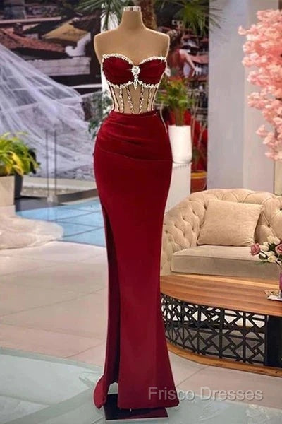Beaded Burgundy Mermaid Formal Prom Dress