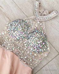 Beaded Halter Open Back Long Chiffon Prom Dresses