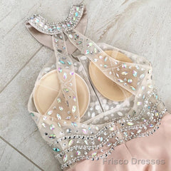 Beaded Halter Open Back Long Chiffon Prom Dresses