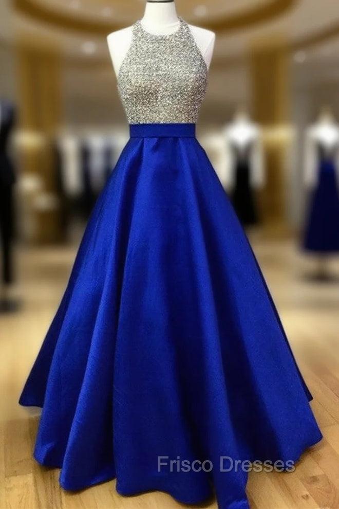Beaded Halter Satin Ball Gown Formal Prom Dress With Pockets Main image
