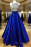 Beaded Halter Satin Ball Gown Formal Prom Dress With Pockets