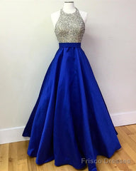 Beaded Halter Satin Ball Gown Prom Dresses With Pockets