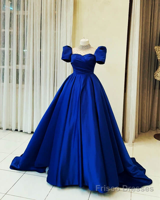 Beaded High Neck Cap Sleeve Satin Ball Gown Main image