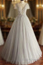 Beaded Lace Appliques Tulle V-Neck Gray A-Line Wedding Dress