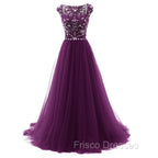 Beaded Tulle Long Party Gown, Tulle Cap Sleeves Formal Dress