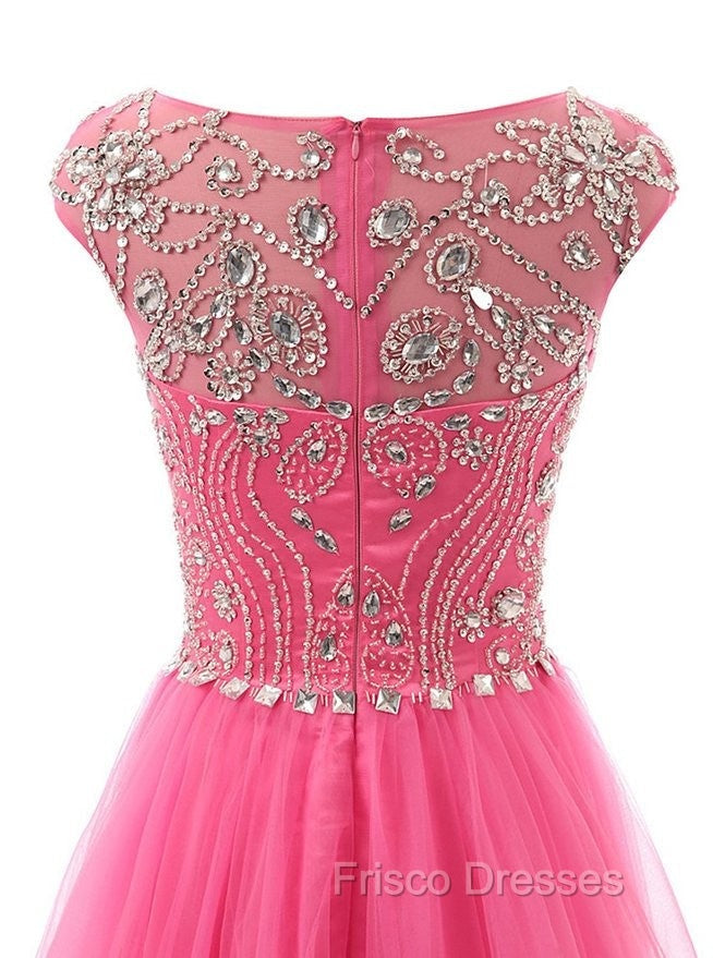 Beaded Tulle Long Party Gown, Tulle Cap Sleeves Formal Dress