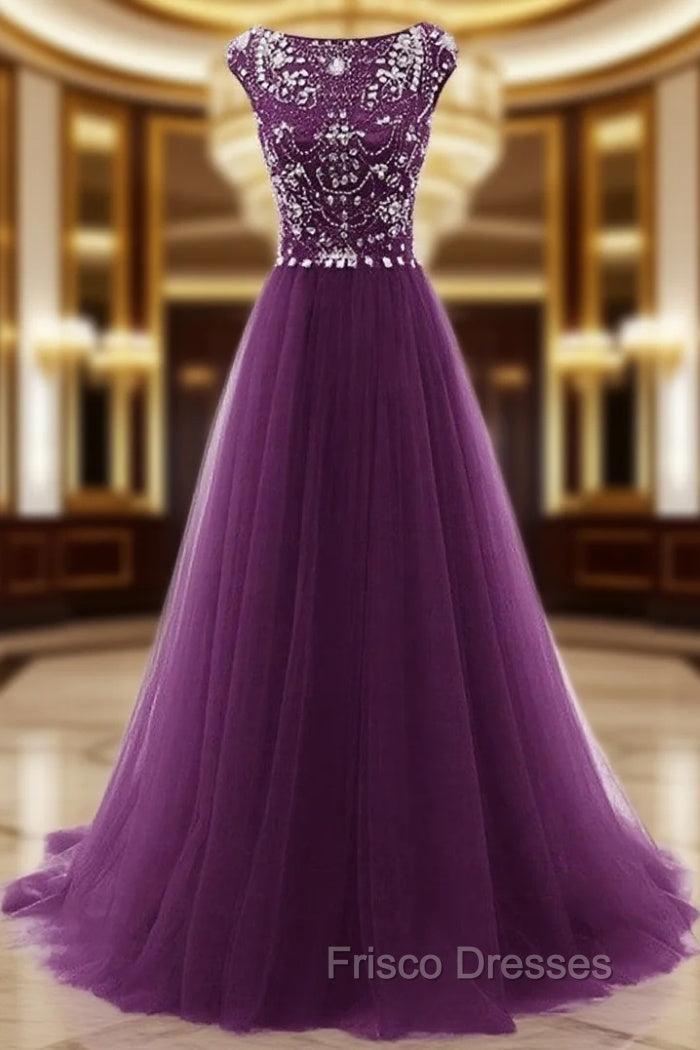 Beaded Tulle Long Party Gown, Tulle Cap Sleeves Formal Dress Main image