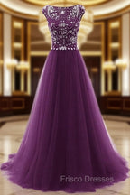Beaded Tulle Long Party Gown, Tulle Cap Sleeves Formal Dress