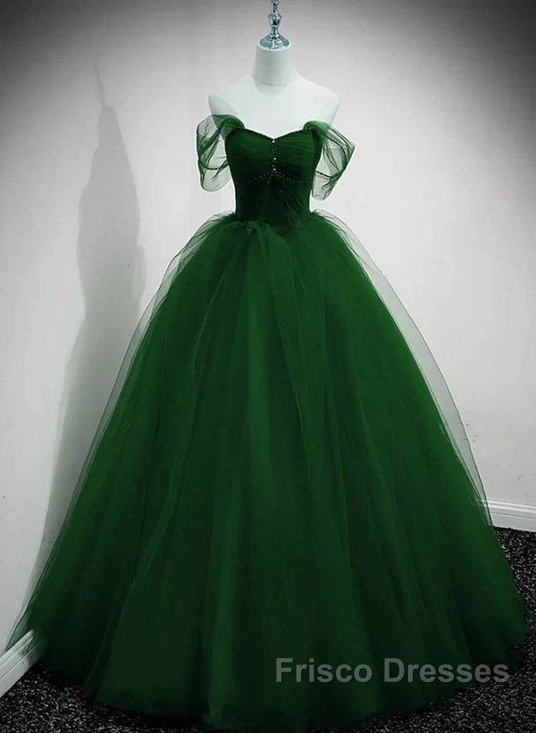 Beaded Tulle Off Shoulder Long Party Dress Tulle A-Line Formal Prom Dress Ball Gown Quinceanera Dress