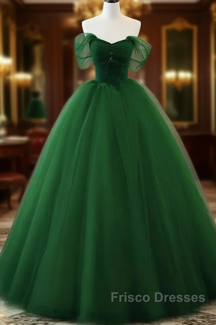 Beaded Tulle Off Shoulder Long Party Dress Tulle A-Line Formal Prom Dress Ball Gown Quinceanera Dress