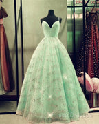Beaded Tulle Formal Prom Dress Ball Gown Plunge Neck