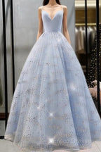 Beaded Tulle Formal Prom Dress Ball Gown Plunge Neck