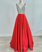 Beaded V Neck Long Satin Violet Formal Prom Dress