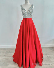 Beaded V Neck Long Satin Violet Prom Dresses
