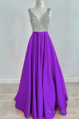 Beaded V Neck Long Satin Violet Prom Dresses