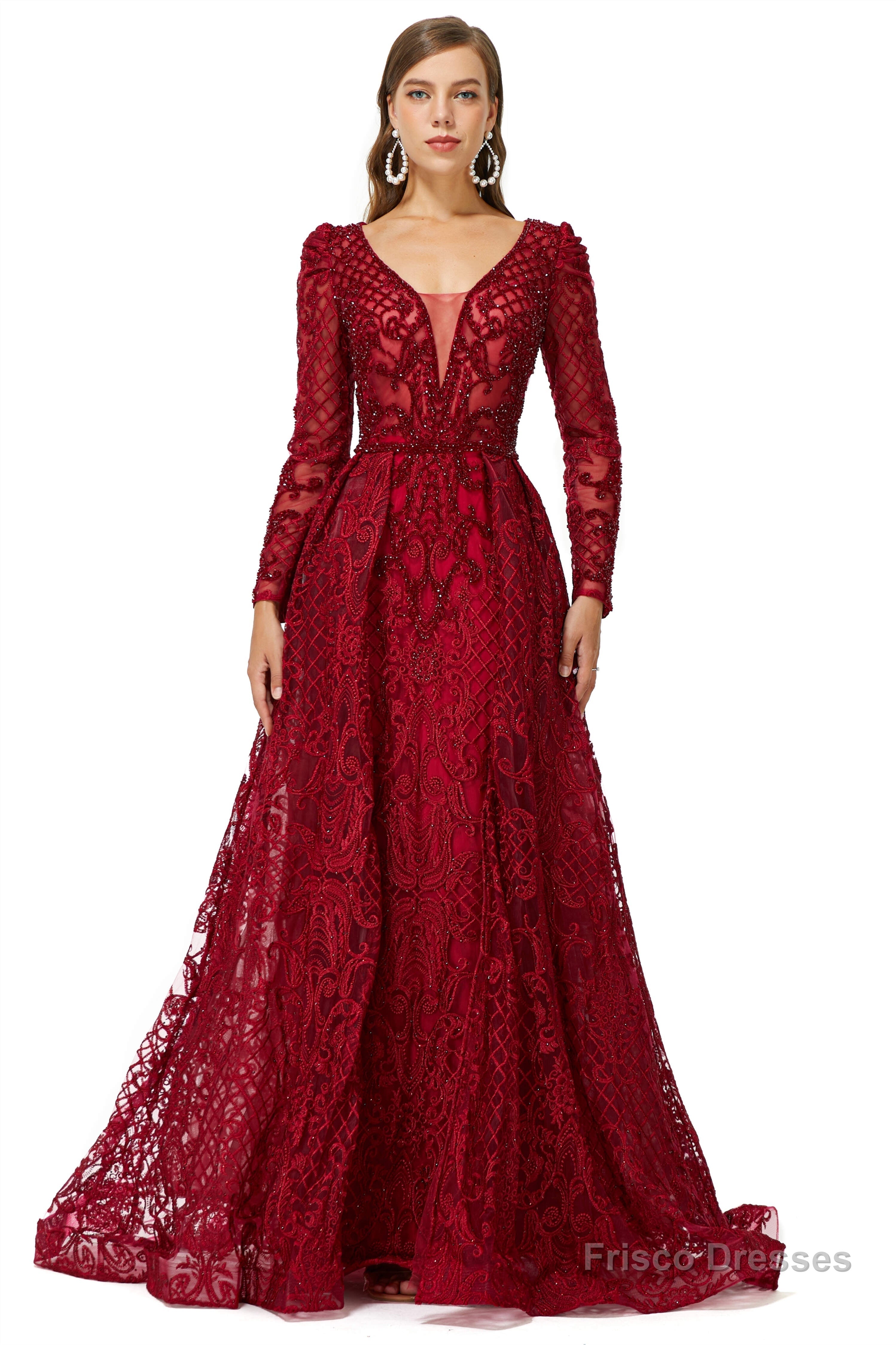 Beaded Wine Red Long V neck Sleeves Prom Dresses Secondary image
