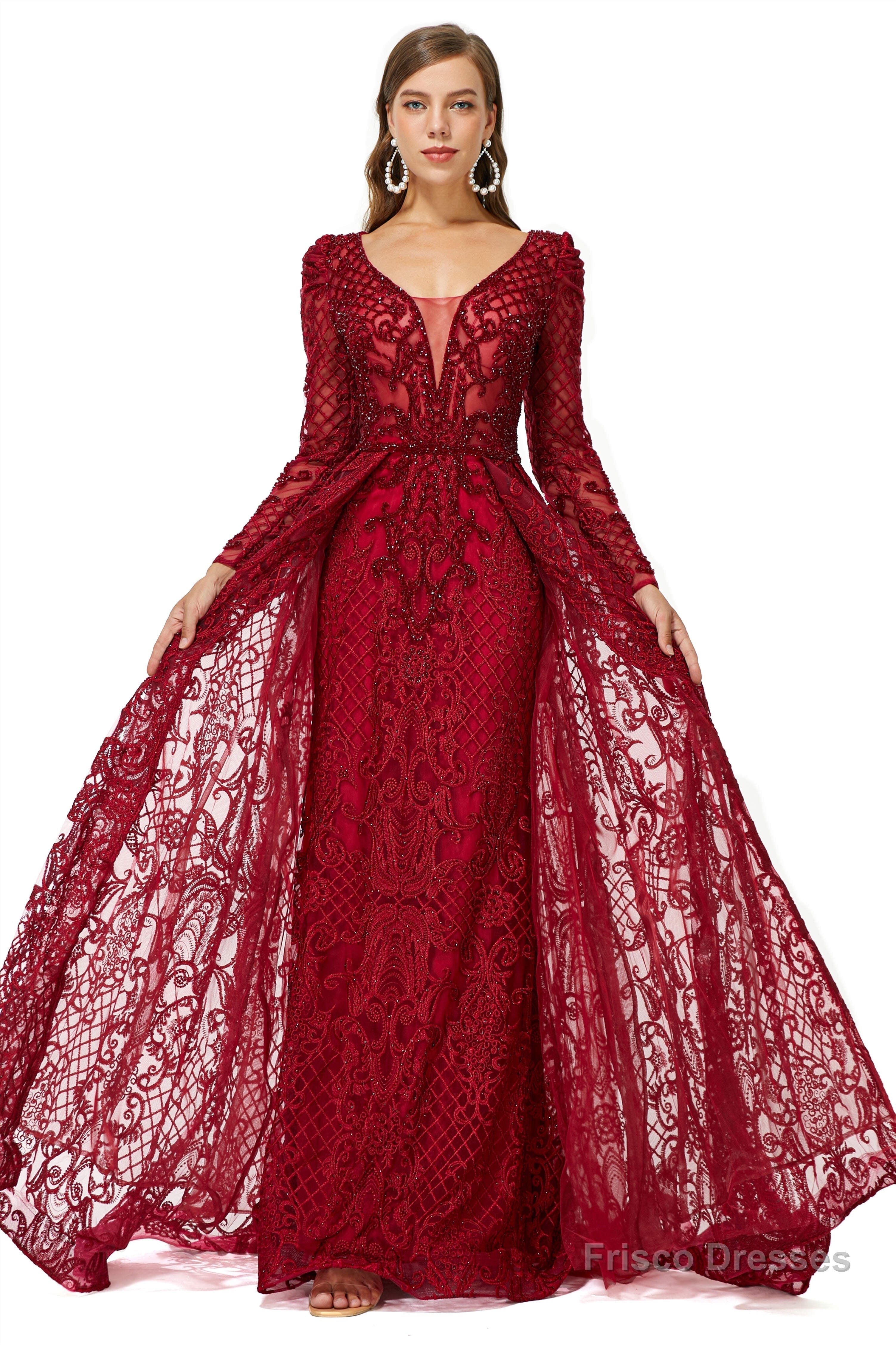 Beaded Wine Red Long V neck Sleeves Prom Dresses