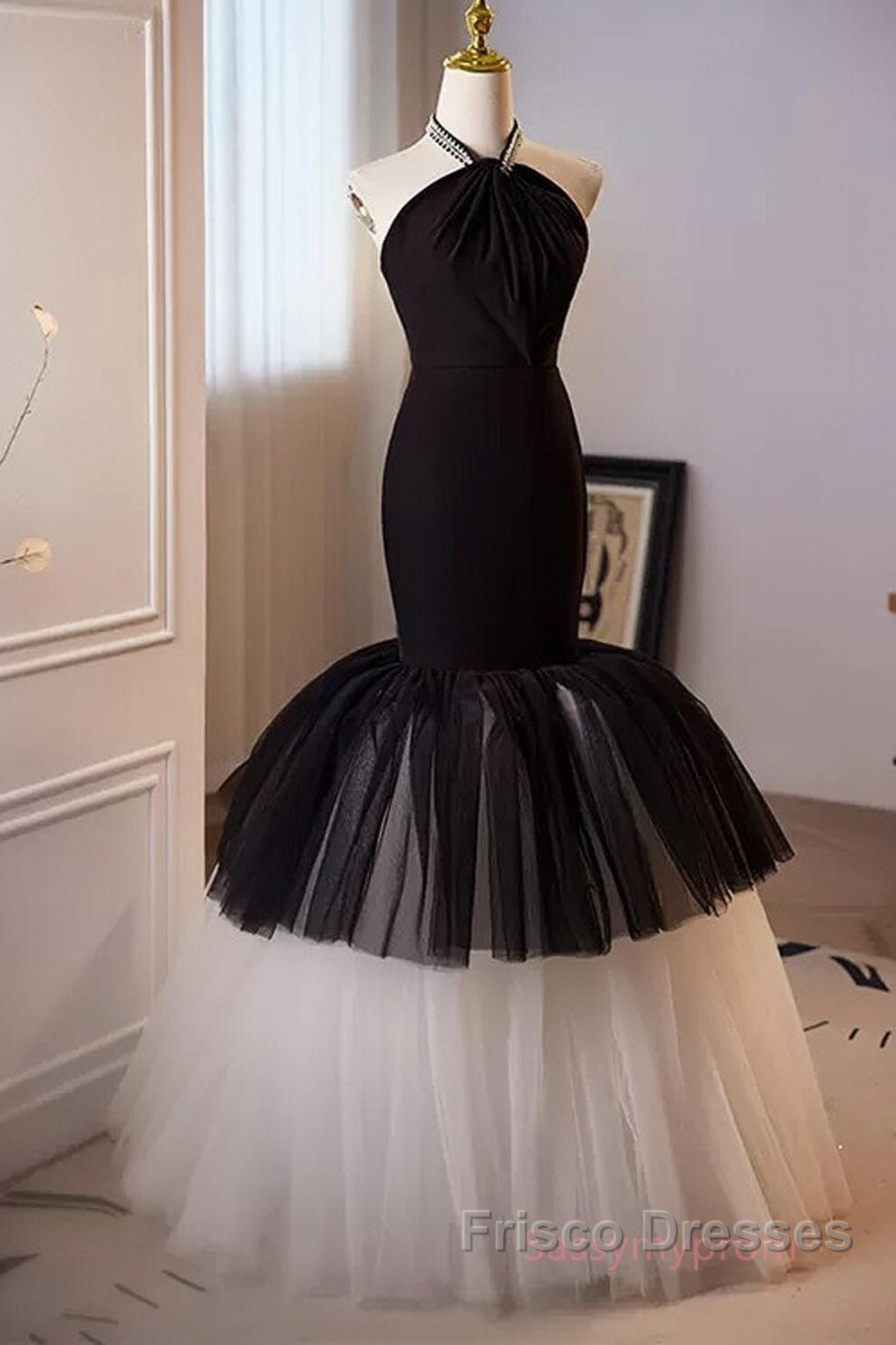Beading Mermaid Black And White Halter Tulle Formal Prom Dress Secondary image