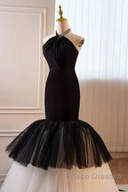 Beading Mermaid Black And White Halter Tulle Formal Prom Dress