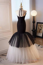 Beading Mermaid Black And White Halter Tulle Formal Prom Dress