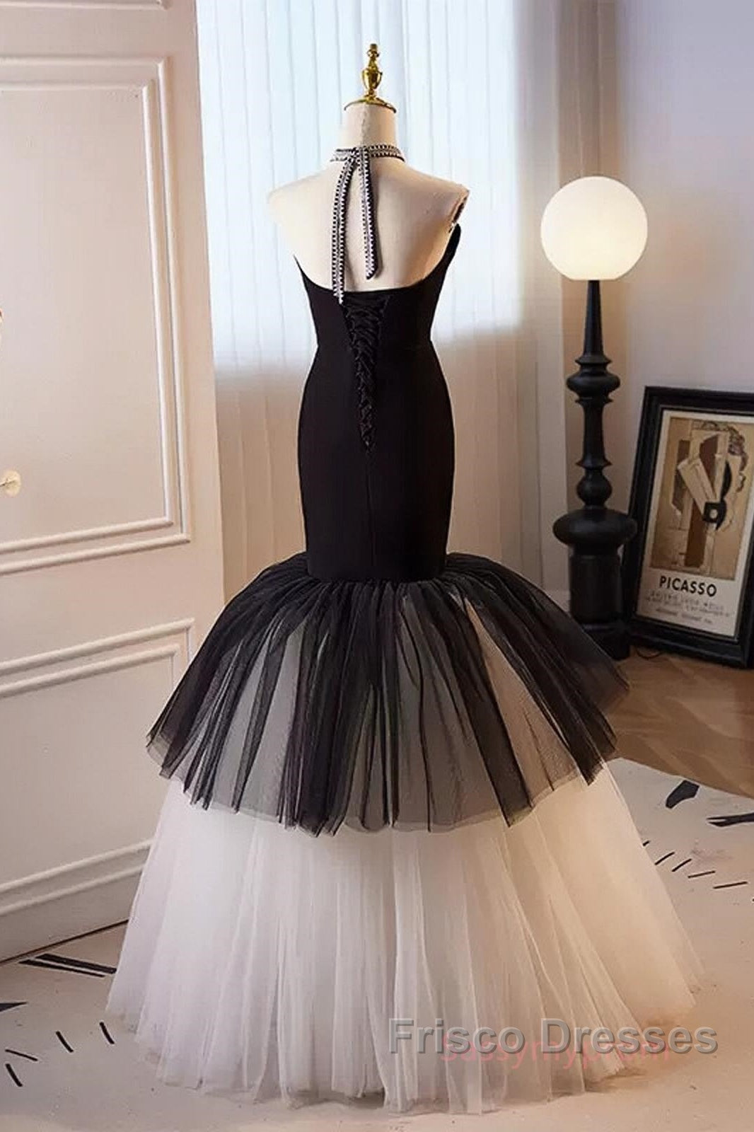 Beading Mermaid Black And White Halter Tulle Formal Prom Dress