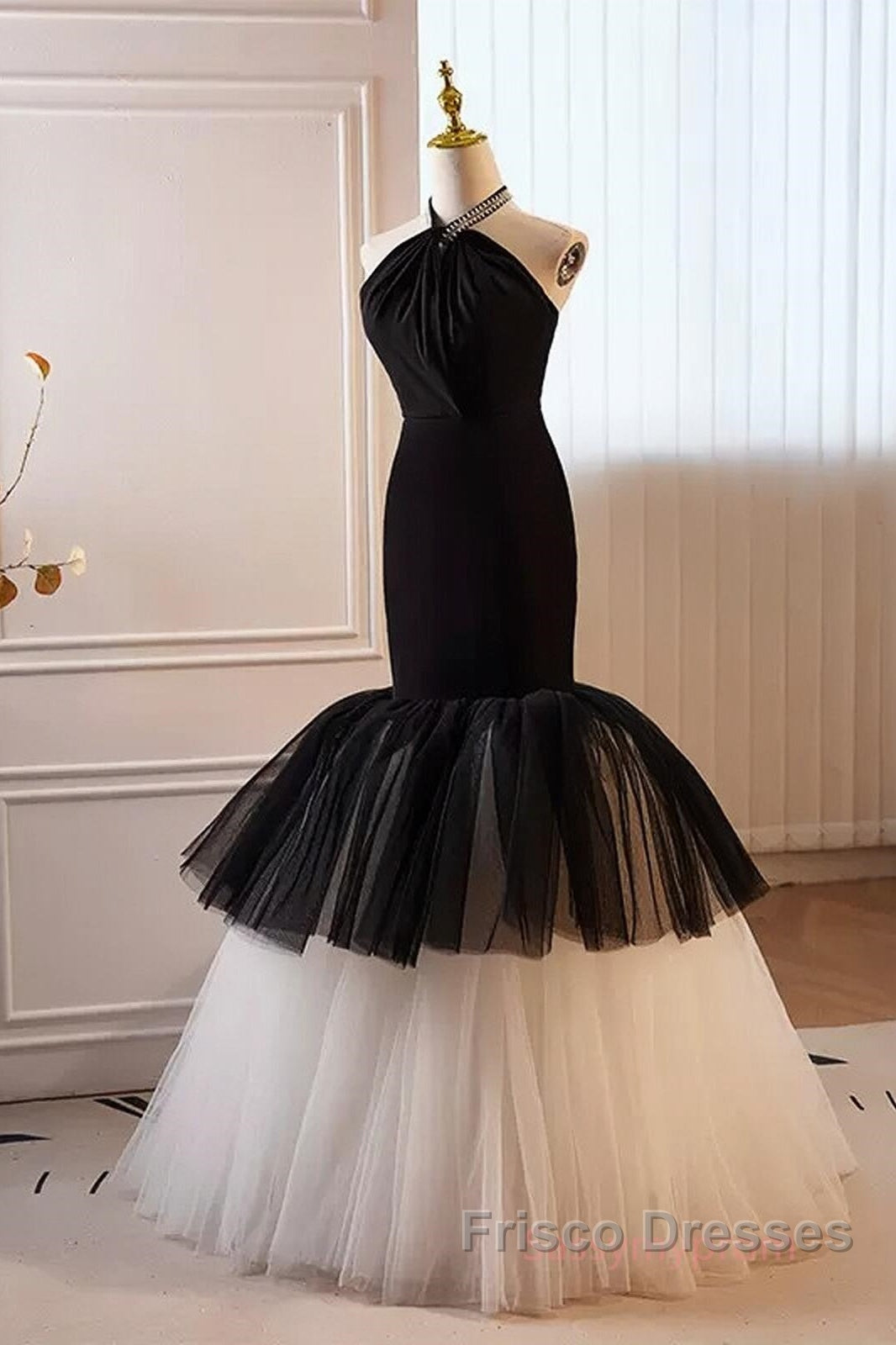 Beading Mermaid Black And White Halter Tulle Formal Prom Dress