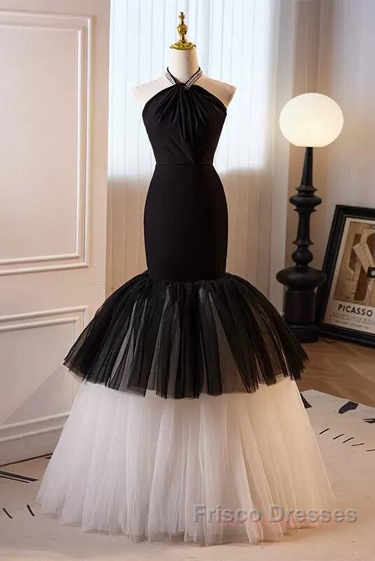 Beading Mermaid Black And White Halter Tulle Formal Prom Dress