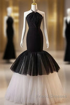 Beading Mermaid Black And White Halter Tulle Formal Prom Dress